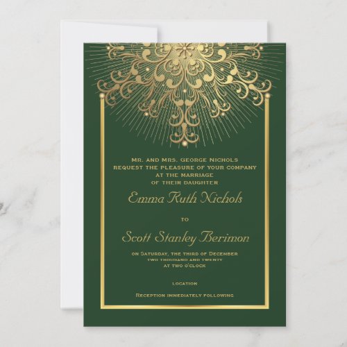Gold snowflake on green elegant  winter wedding invitation