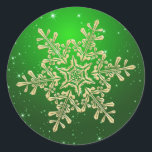 Gold snowflake on green Irish Christmas St Classic Round Sticker<br><div class="desc">Gold snowflake on a green twinkling stars background Irish Christmas Sticker</div>