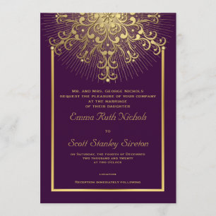 Gold snowflake on purple elegant  winter wedding invitation