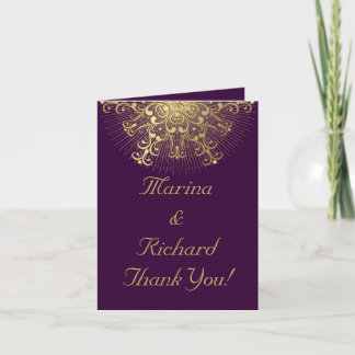 Gold snowflake on purple winter wedding Thank You Card