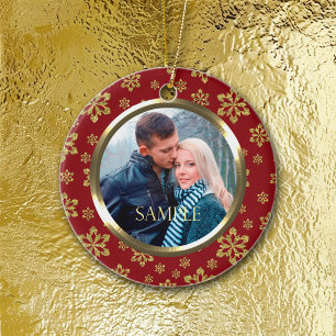 Gold Snowflake on Red Holiday Template Ceramic Ornament