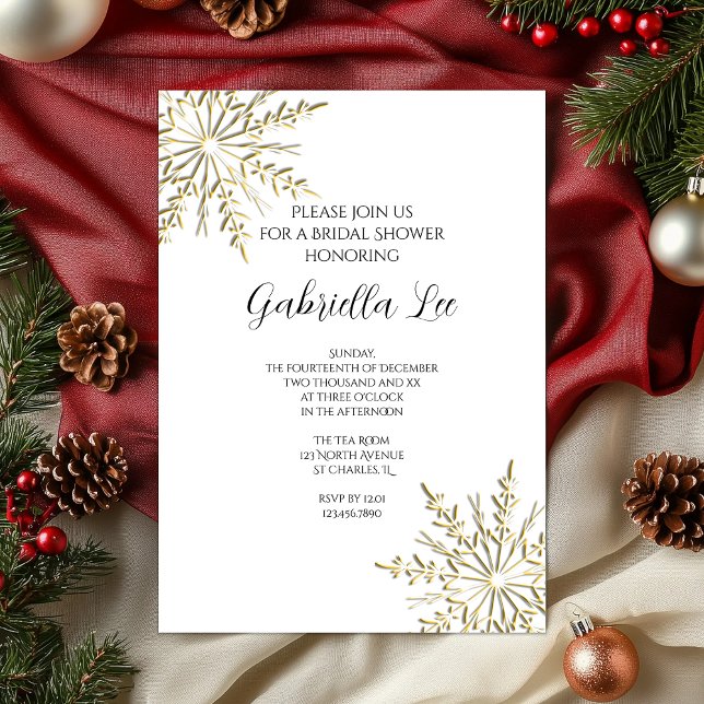 Gold Snowflake on White Winter Bridal Shower Invitation (Creator Uploaded)