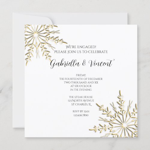 Gold Snowflake on White Winter Engagement Party Invitation