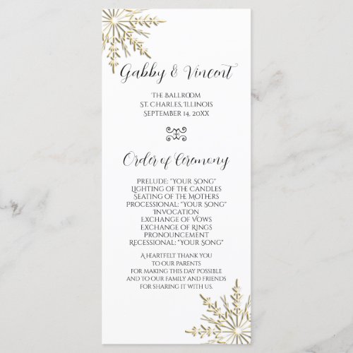 Gold Snowflake on White Winter Wedding Program