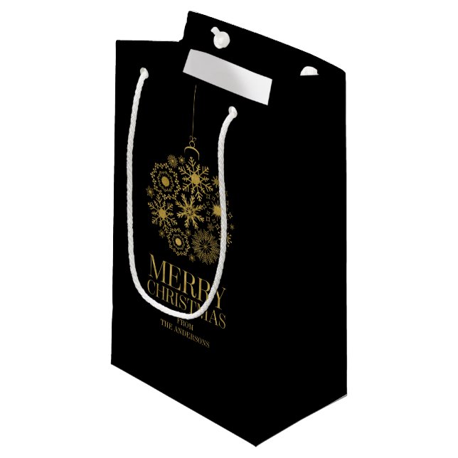 Gold Snowflake Ornament Merry Christmas Gift Bag (Front Angled)