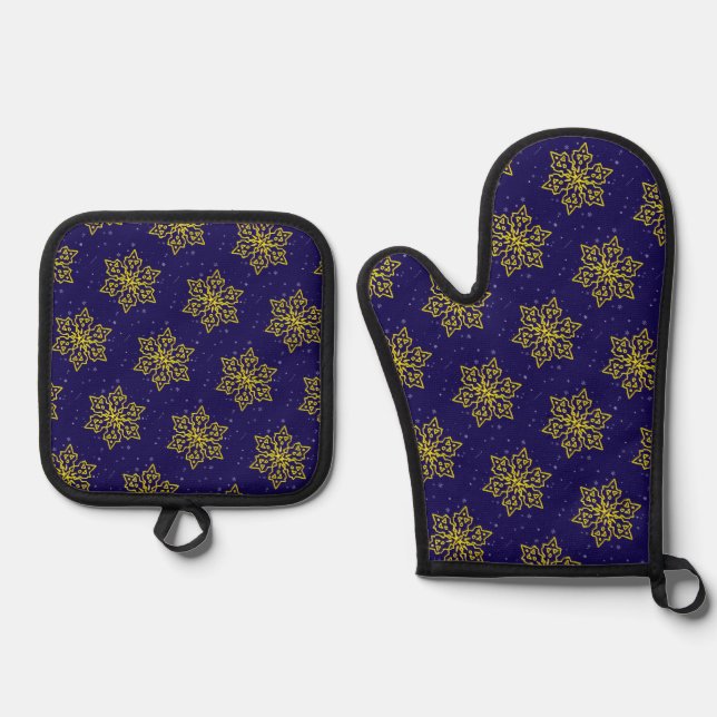 Gold Snowflake Oven Mitt & Pot Holder Set (Front)