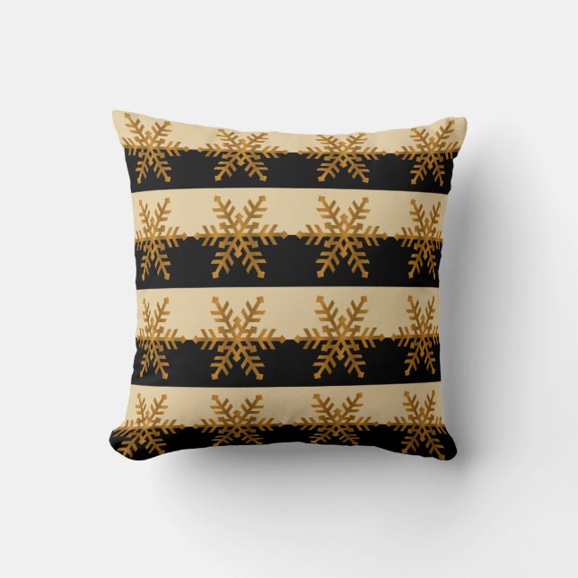 Gold Snowflake Pattern Black & Beige Stripe Pillow (Front)