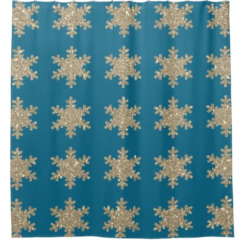 Gold Snowflake Patterns Rustic Ocean Blue Glittery Shower Curtain