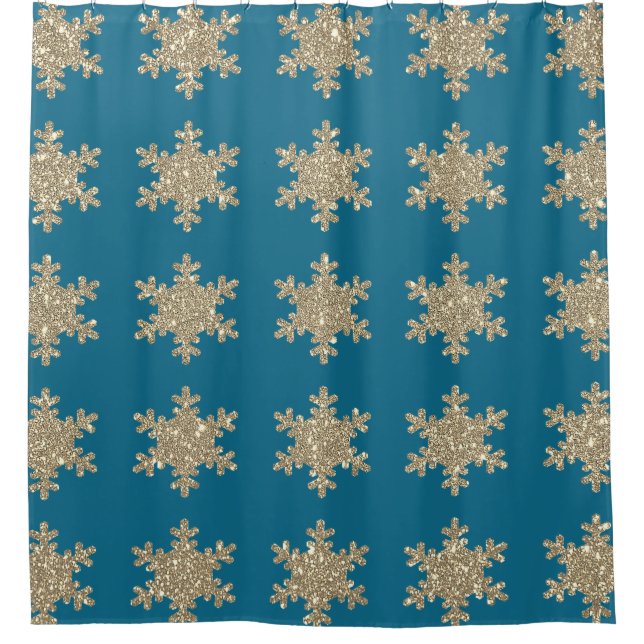 Gold Snowflake Patterns Rustic Ocean Blue Glittery Shower Curtain (Front)