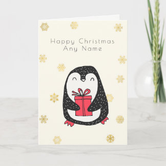 Gold Snowflake Penguin Personalised Christmas Card
