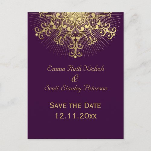 Gold snowflake purple winter wedding Save the Date Announcement Postcard