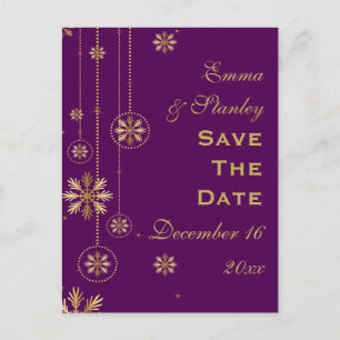 Gold snowflake purple winter wedding Save the Date Announcement Postcard