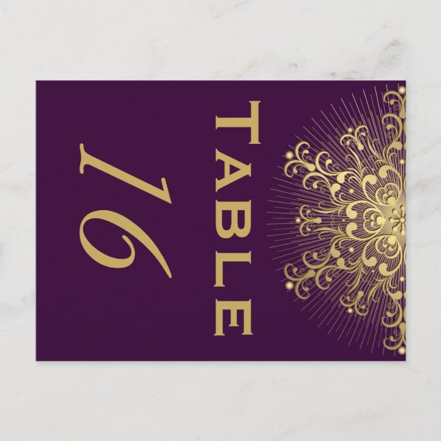 Gold snowflake, purple winter wedding table number (Front)