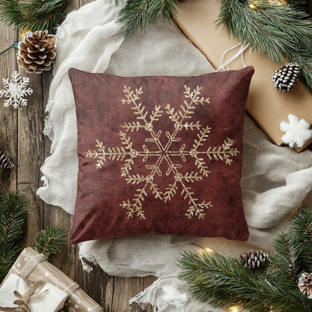 Gold Snowflake Red Burgundy Stylish Vintage Throw Pillow (Creator Uploaded)