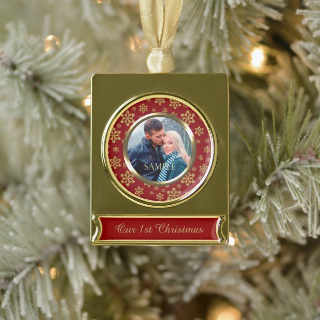 Gold Snowflake Red First Christmas Plated Banner Ornament (Tree)