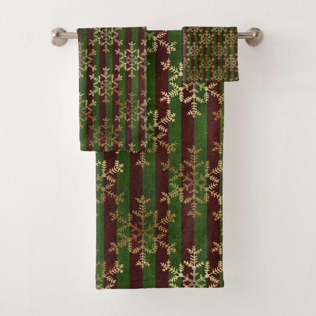 Gold Snowflake Red Green Stripe Christmas Bath Towel Set (Insitu)