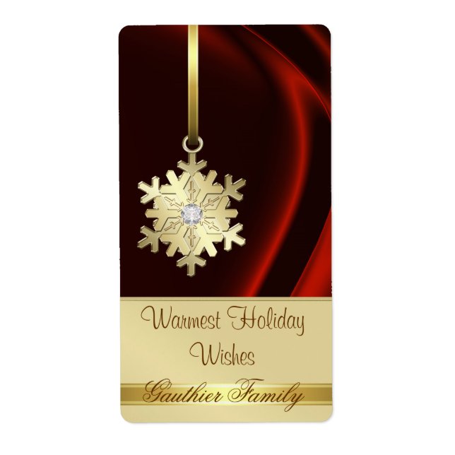Gold Snowflake Red Silk Diamond Wine Label (Front)