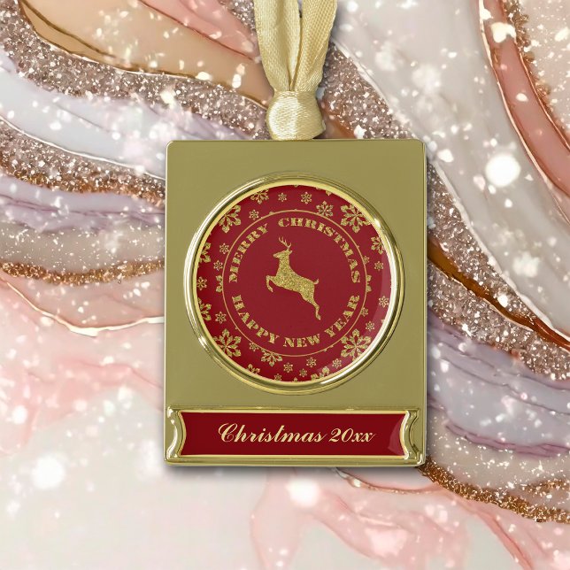 Gold Snowflake Reindeer Keepsake Christmas Gold Plated Banner Ornament (Creator Uploaded)