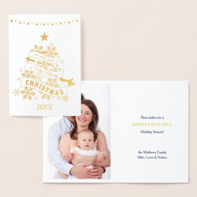 Gold Snowflake Retro Christmas Tree Foil Card (Display)