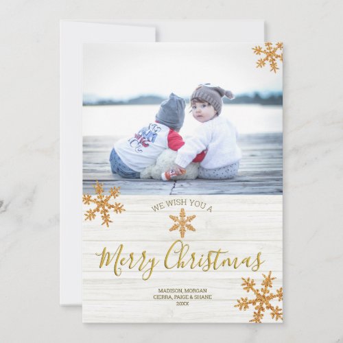 Gold Snowflake Rustic Christmas 2 Photo Holiday Card