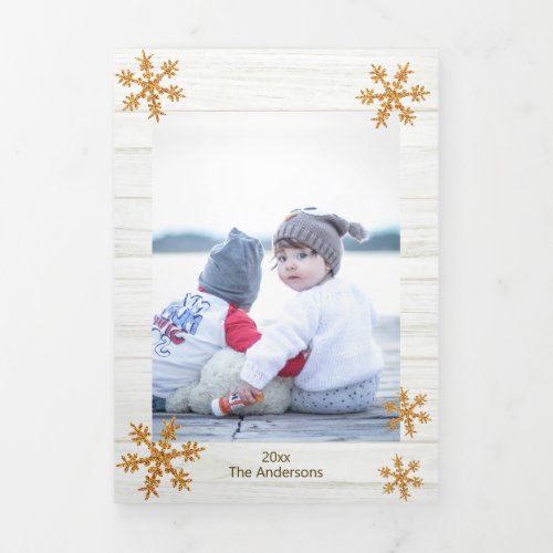 Gold Snowflake Rustic Christmas 3 Photo Tri_Fold Holiday Card