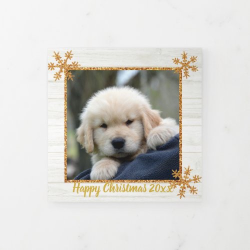 Gold Snowflake Rustic Christmas 4 Photo Tri_Fold Holiday Card