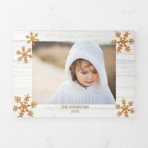 Gold Snowflake Rustic Christmas 5 Photo Tri_Fold Holiday Card