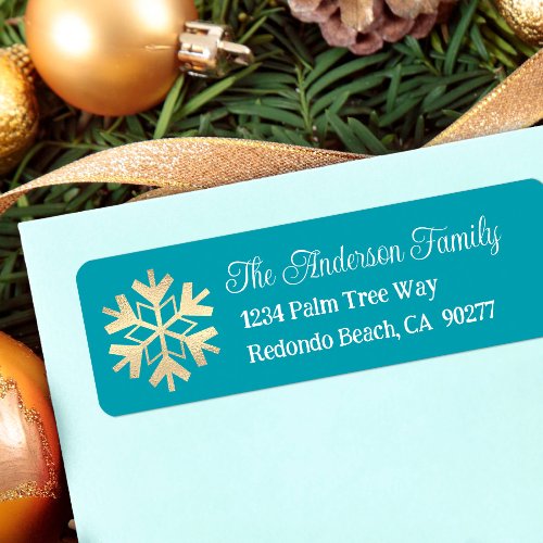 Gold Snowflake Simple Modern Turquoise Address Label