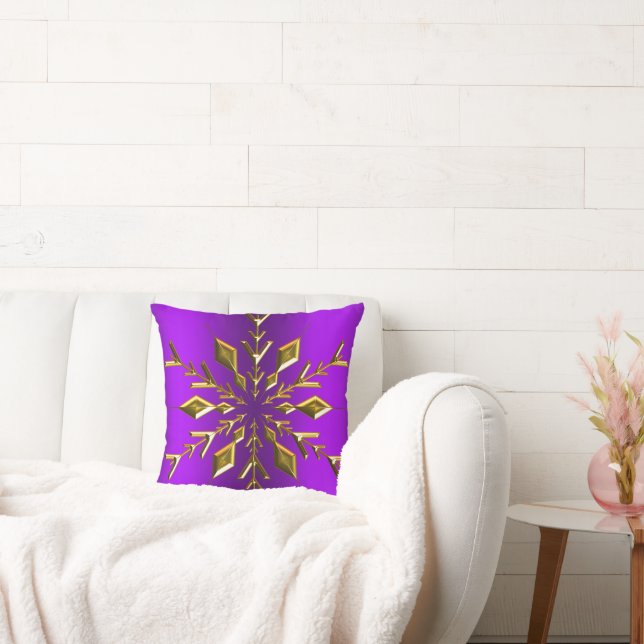 Gold Snowflake Star on Purple Christmas Throw Pillow (Couch)