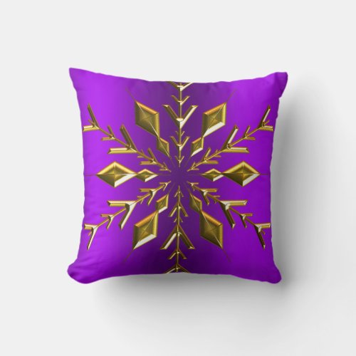 Gold Snowflake Star on Purple Christmas Throw Pillow