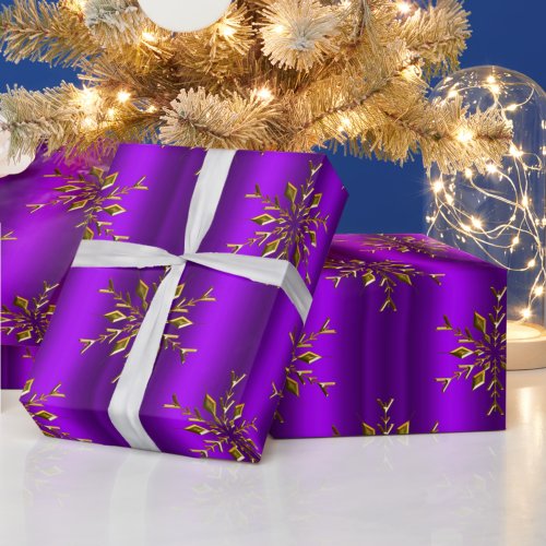 Gold Snowflake Stars on Purple Christmas Wrapping Paper
