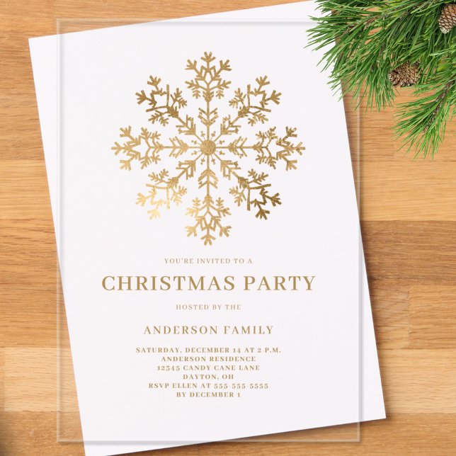 Gold Snowflake Watercolor Christmas Holiday Party Acrylic Invitations (Creator Uploaded)