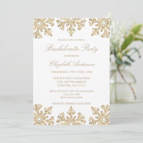 Gold Snowflake Winter Bachelorette Party Invitation