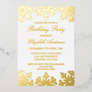 Gold Snowflake Winter Birthday Party Foil Invitation