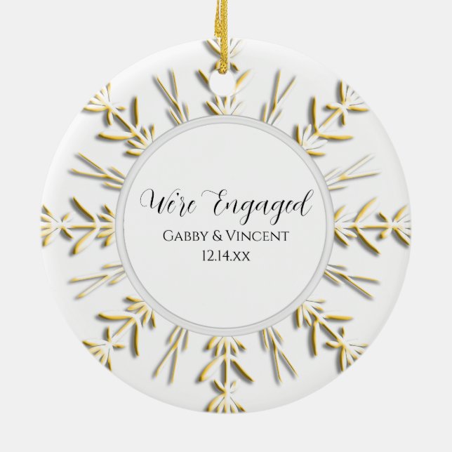 Gold Snowflake Winter Engagement Photo Ceramic Ornament (Back)