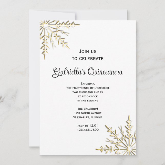 Gold Snowflake Winter Quinceanera Invitation (Front)
