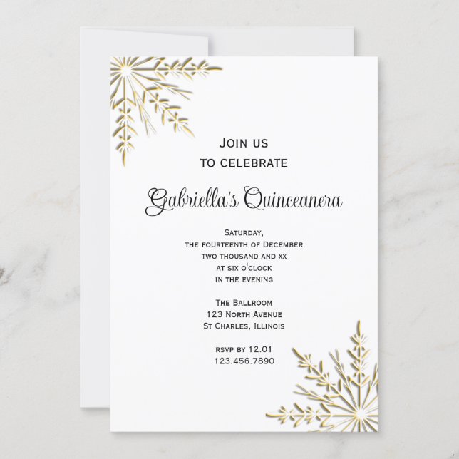 Gold Snowflake Winter Quinceanera Invitation (Front)