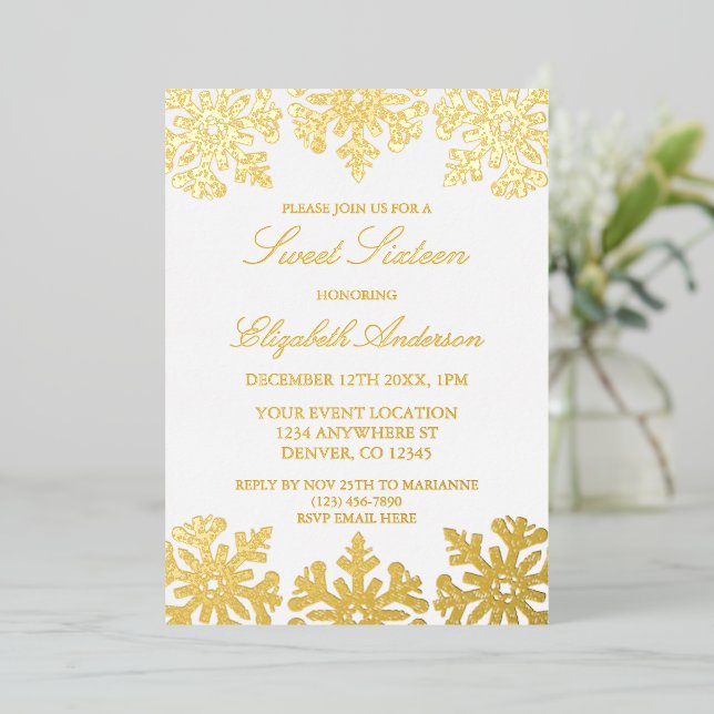 Gold Snowflake Winter Sweet 16 Foil Invitation (Standing Front)