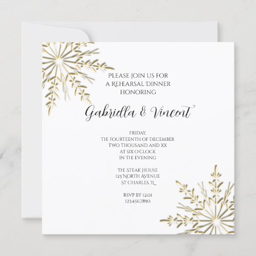 Gold Snowflake Winter Wedding Rehearsal Dinner Invitation