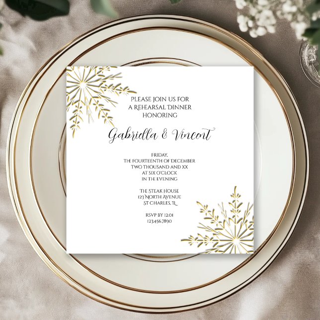 Gold Snowflake Winter Wedding Rehearsal Dinner Invitation (Creator Uploaded)