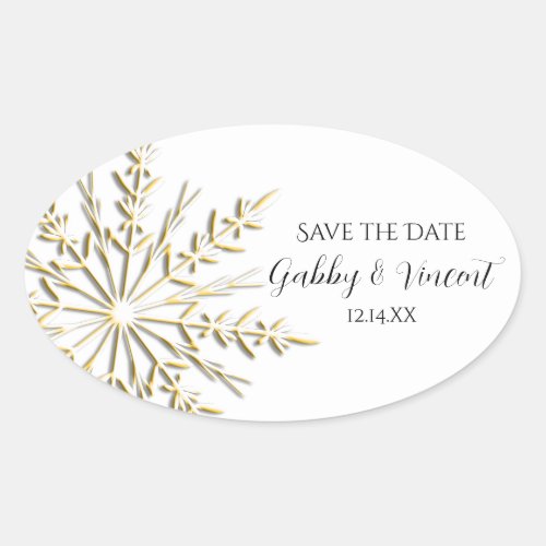 Gold Snowflake Winter Wedding Save the Date Oval Sticker