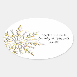 Gold Snowflake Winter Wedding Save the Date Oval Sticker
