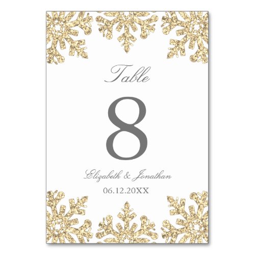 Gold Snowflake Winter Wedding Table Number
