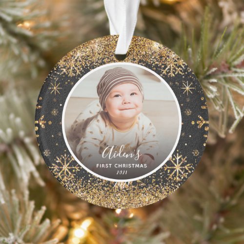 Gold Snowflakes Babys First Christmas 2 Photo  Ornament