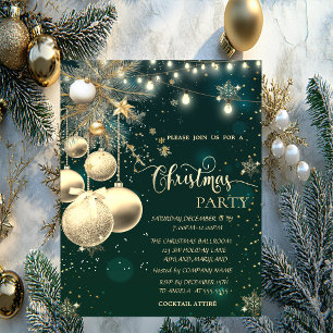 Gold Snowflakes,Balls,Branch Lights Christmas Invitation