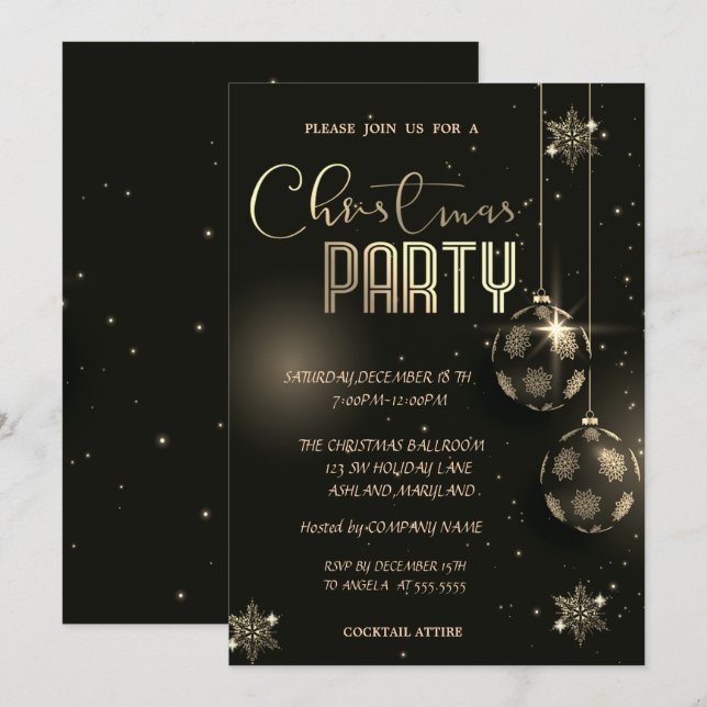 Gold Snowflakes Balls Christmas Corporated Invitation (Front/Back)
