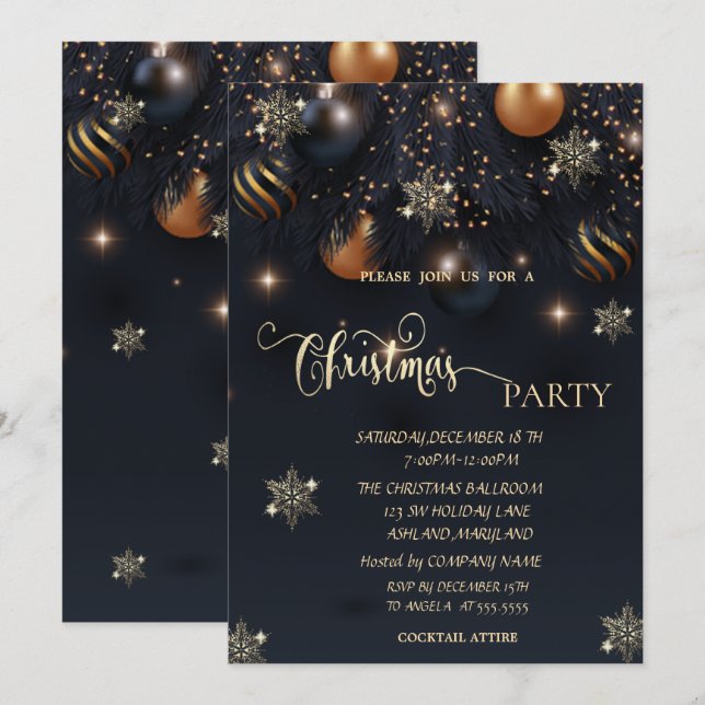  Gold Snowflakes,Balls Christmas  Invitation (Front/Back)
