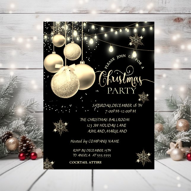 Gold Snowflakes,Balls Company Christmas Party Invitation (Creator Uploaded)