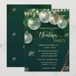 Gold Snowflakes,Balls Green Christmas Invitation
