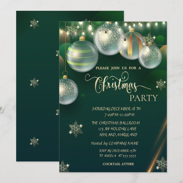  Gold Snowflakes,Balls Green Christmas  Invitation (Front/Back)